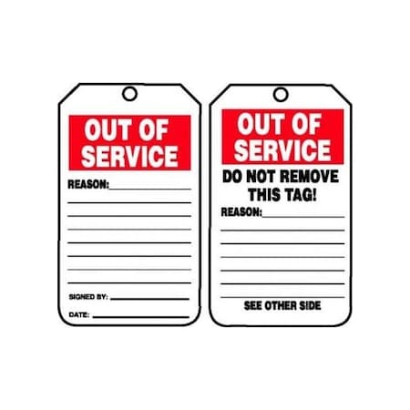 Accuform Safety Tags, Out Of Service, 5.75" X 3.25", RP-Plastic, 5/PK TRS243PTM